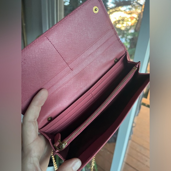 Prada Pink Saffiano Long Wallet with Generic Gold Crossbody Chain - Picture 13 of 16